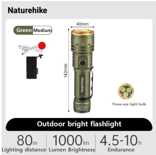 פנס יד נטען מקצועי 1000 LUMINS מאיר למרחק 80 מ' NATUREHIKE