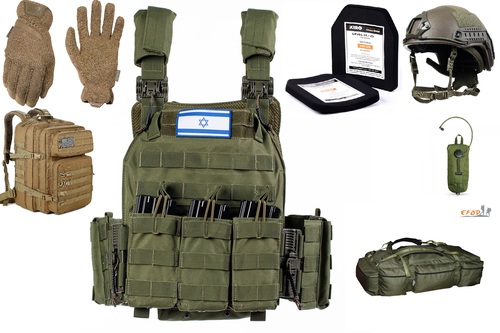 ערכת מלחמה חרבות ברזל מלאה -אפוד ווסט KIRO  פלוס 2 פלטות מיגון + קסדה טקטית FAST +שלוקר שורש +תיק טקטטי 45L +צמידן מכיל 100 ל' וכפפות טקטיות
