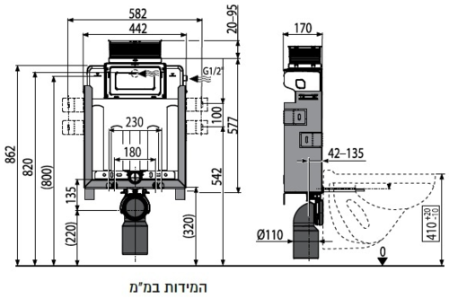 מיכל הדחה סמוי נמוך לקיר בלוקים ALCA פיקס פלסאון מק