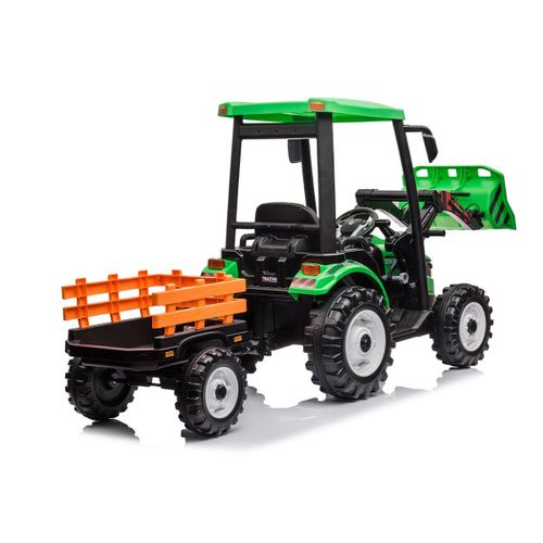 טרקטור ממונע 12V 'הרקולס' עם עגלה נגררת, כף, 2 כיווני נסיעה ושלט רחוק - ירוק