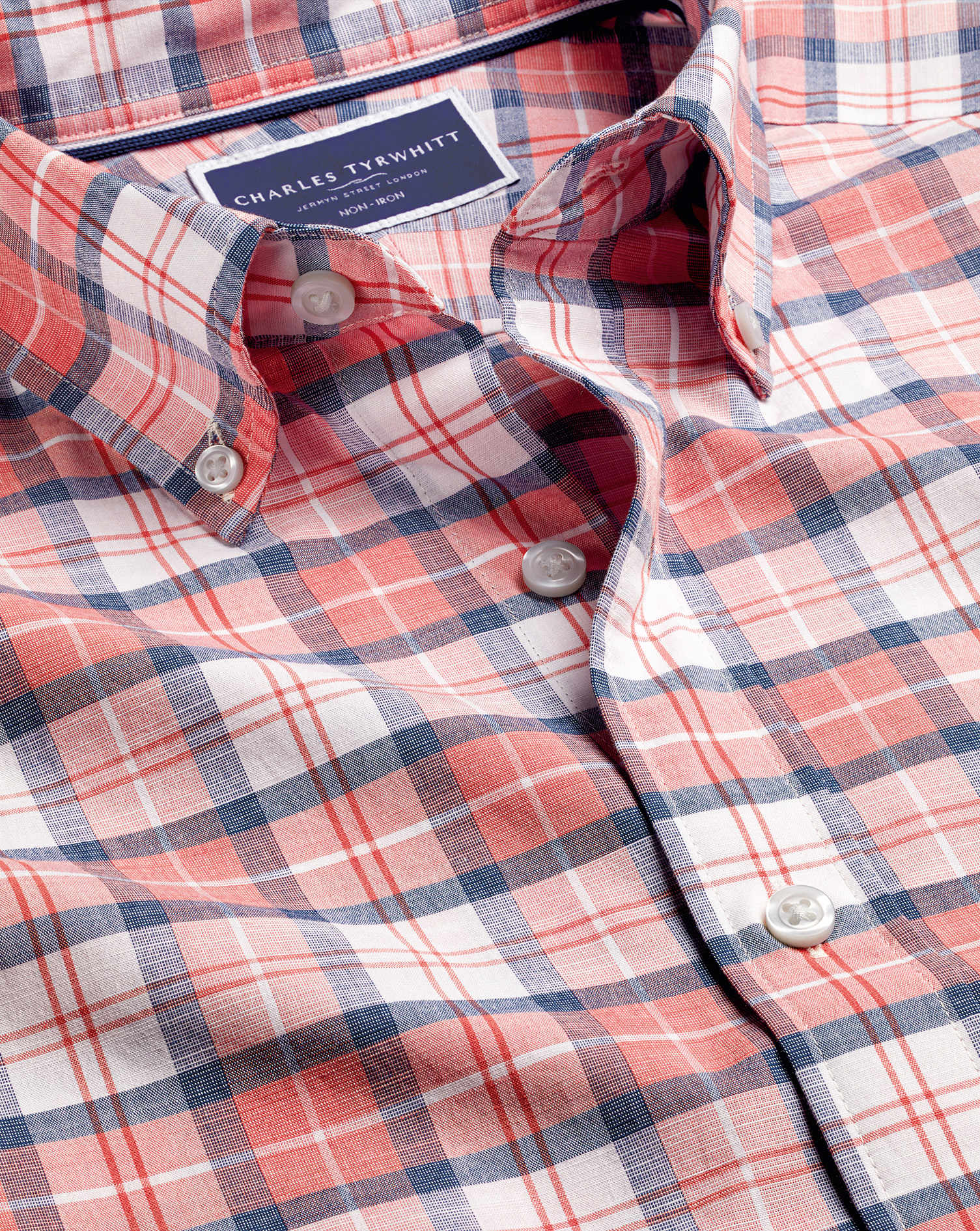 חולצה קצרה ללא צורך בגיהוץ גזרת קלאסיק -  Coral pink check ss non-iron stretch poplin slub classic fit