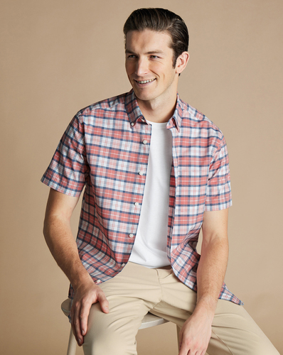 חולצה קצרה ללא צורך בגיהוץ גזרת קלאסיק -  Coral pink check ss non-iron stretch poplin slub classic fit