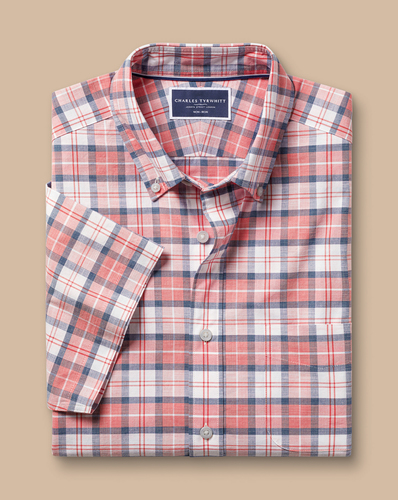 חולצה קצרה ללא צורך בגיהוץ גזרת קלאסיק -  Coral pink check ss non-iron stretch poplin slub classic fit