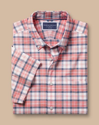 חולצה קצרה ללא צורך בגיהוץ גזרת סלים -  Coral pink check ss non-iron stretch poplin slub slim fit