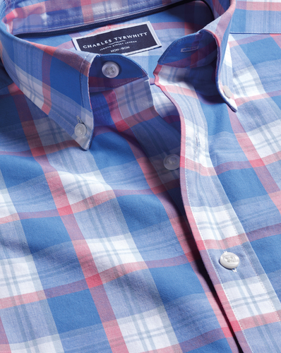 חולצה קצרה ללא צורך בגיהוץ גזרת סלים -  Pink overcheck ss non-iron stretch poplin slub slim fit
