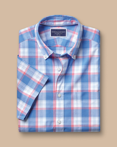 חולצה קצרה ללא צורך בגיהוץ גזרת סלים -  Pink overcheck ss non-iron stretch poplin slub slim fit