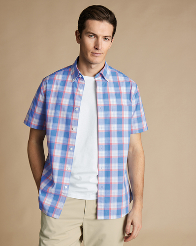 חולצה קצרה ללא צורך בגיהוץ גזרת סלים -  Pink overcheck ss non-iron stretch poplin slub slim fit