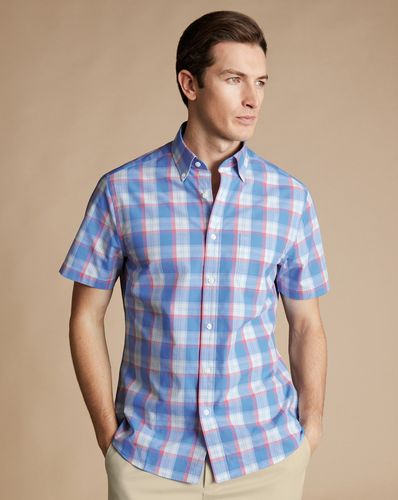 חולצה קצרה ללא צורך בגיהוץ גזרת קלאסיק -  Pink overcheck ss non-iron stretch poplin slub classic fit