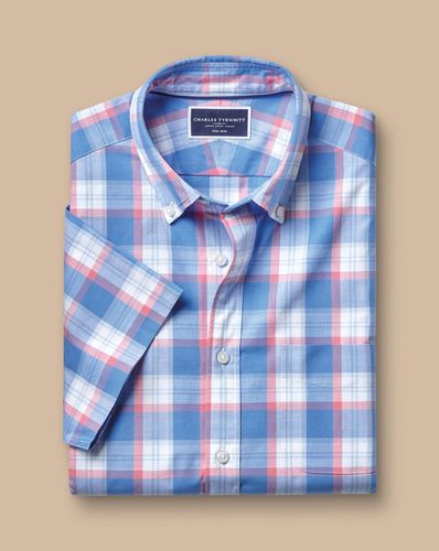 חולצה קצרה ללא צורך בגיהוץ גזרת קלאסיק -  Pink overcheck ss non-iron stretch poplin slub classic fit