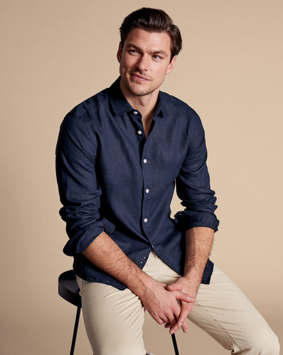 חולצת פשתן כחולה גזרה קלאסיק - Navy blue plain pure linen classic fit shirt