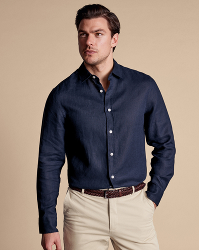 חולצת פשתן כחולה גזרה קלאסיק - Navy blue plain pure linen classic fit shirt