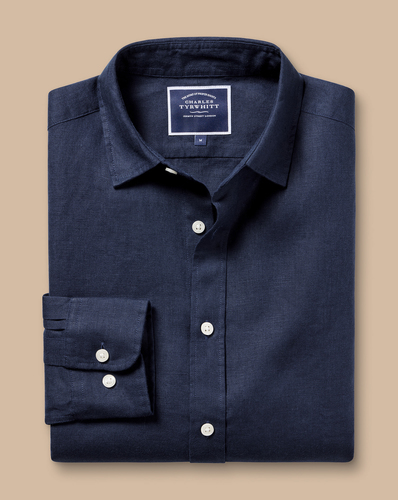 חולצת פשתן כחולה גזרה קלאסיק - Navy blue plain pure linen classic fit shirt