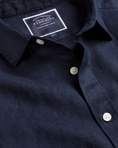 חולצת פשתן כחולה גזרה סלים - Navy blue plain pure linen slim fit shirt