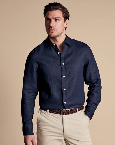 חולצת פשתן כחולה גזרה סלים - Navy blue plain pure linen slim fit shirt