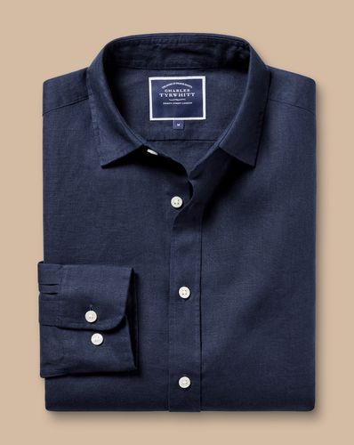 חולצת פשתן כחולה גזרה סלים - Navy blue plain pure linen slim fit shirt