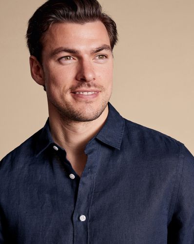 חולצת פשתן כחולה גזרה סלים - Navy blue plain pure linen slim fit shirt