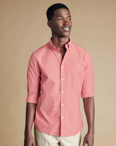חולצת אוקספורד גזרת סלים - Coral pink plain button-down stretch washed Oxford slim fit shirt