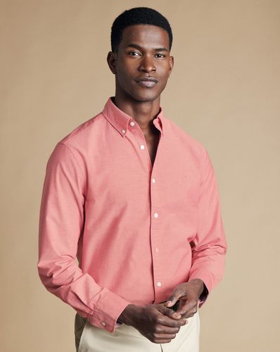 חולצת אוקספורד גזרת סלים - Coral pink plain button-down stretch washed Oxford slim fit shirt
