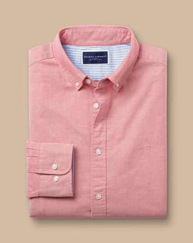 חולצת אוקספורד גזרת סלים - Coral pink plain button-down stretch washed Oxford slim fit shirt