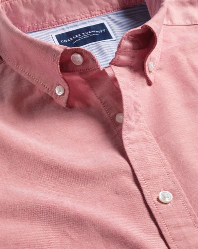 חולצת אוקספורד ורודה שרוול קצר סלים - Coral pink plain ss button-down stretch washed Oxford slim fit shirt
