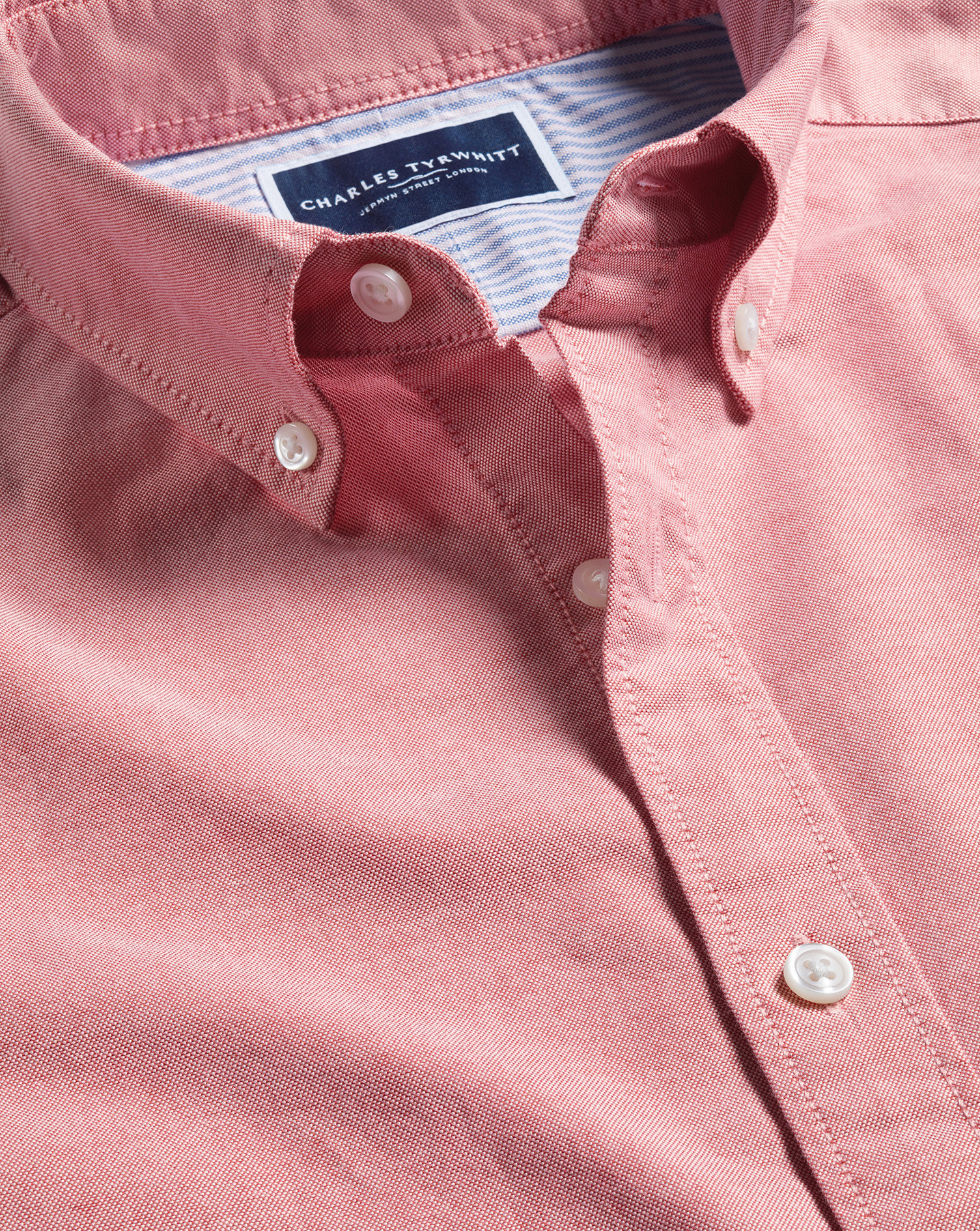 חולצת אוקספורד ורודה שרוול קצר סלים - Coral pink plain ss button-down stretch washed Oxford slim fit shirt