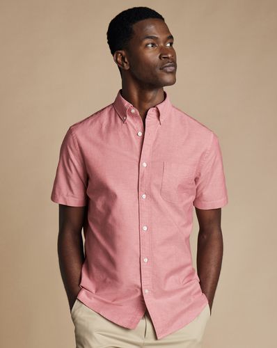 חולצת אוקספורד ורודה שרוול קצר סלים - Coral pink plain ss button-down stretch washed Oxford slim fit shirt
