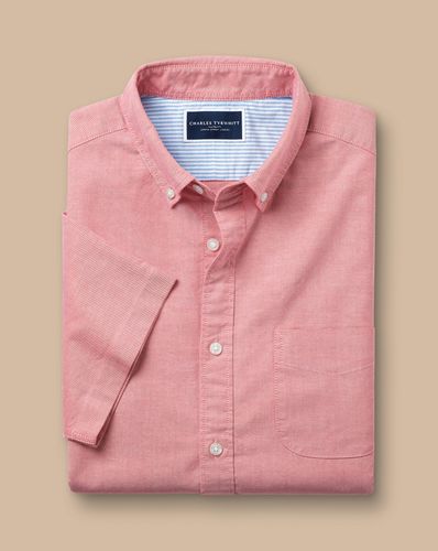 חולצת אוקספורד ורודה שרוול קצר סלים - Coral pink plain ss button-down stretch washed Oxford slim fit shirt