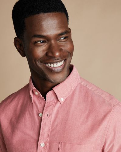 חולצת אוקספורד ורודה שרוול קצר סלים - Coral pink plain ss button-down stretch washed Oxford slim fit shirt