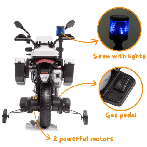אופנוע משטרה ממונע 12V דמוי BMW F850 GS עם 2 מהירויות, אורות מהבהבים ואפקטים קוליים