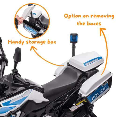 אופנוע משטרה ממונע 12V דמוי BMW F850 GS עם 2 מהירויות, אורות מהבהבים ואפקטים קוליים