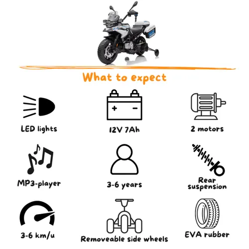 אופנוע משטרה ממונע 12V דמוי BMW F850 GS עם 2 מהירויות, אורות מהבהבים ואפקטים קוליים