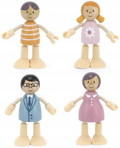 סט משפחת 4 בובות מעץ עם ידיים ורגליים גמישות