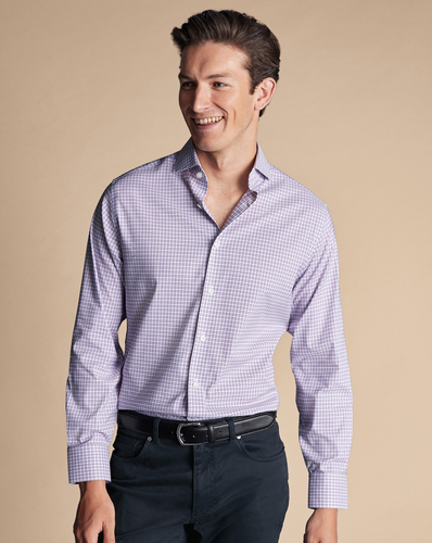 חולצה גזרת קלאסיק סטרץ - Mauve grid check purple non-iron stretch twill classic fit shirt