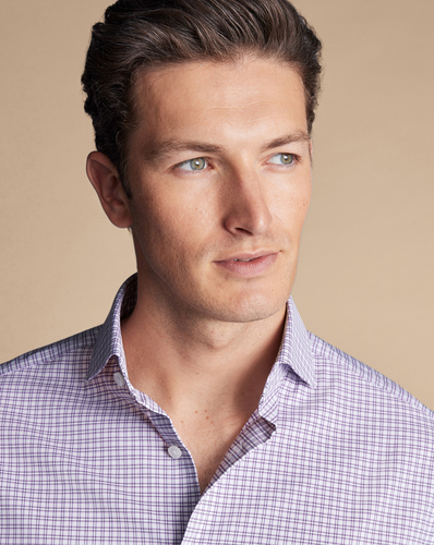 חולצה גזרת קלאסיק סטרץ - Mauve grid check purple non-iron stretch twill classic fit shirt