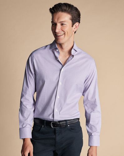 חולצה גזרת סלים סטרץ - Mauve purple grid check non-iron stretch twill slim fit shirt