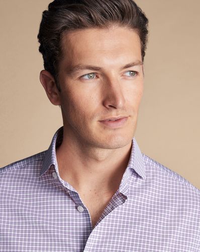 חולצה גזרת סלים סטרץ - Mauve purple grid check non-iron stretch twill slim fit shirt