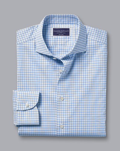 חולצה גזרת סלים סטרץ - Ocean blue grid check non-iron stretch twill slim fit shirt