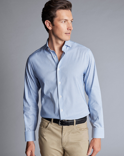 חולצה גזרת קלאסיק סטרץ - Ocean blue grid check non-iron stretch twill classic fit shirt