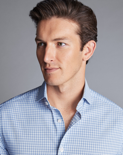 חולצה גזרת קלאסיק סטרץ - Ocean blue grid check non-iron stretch twill classic fit shirt
