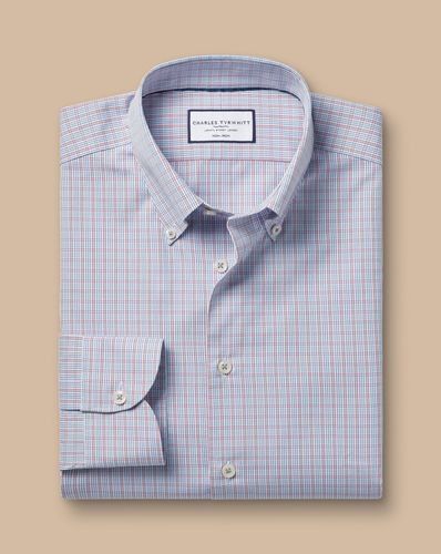 חולצה משובצת גזרת סלים - Red check non-iron button-down oxford slim fit shirt