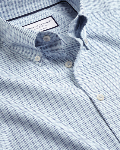 חולצה משובצת גזרת סלים - Mid blue check non-iron button-down oxford slim fit shirt
