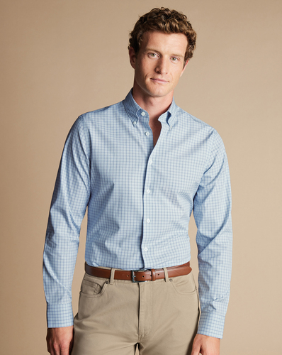חולצה משובצת גזרת סלים - Mid blue check non-iron button-down oxford slim fit shirt