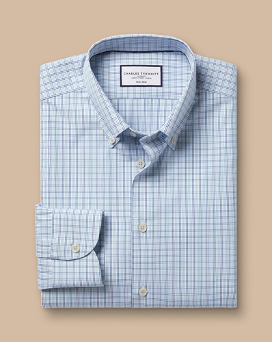 חולצה משובצת גזרת סלים - Mid blue check non-iron button-down oxford slim fit shirt