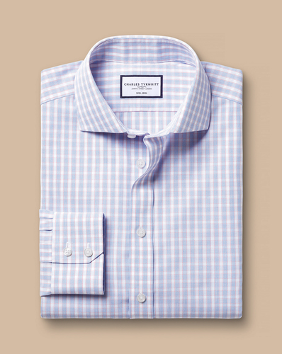 חולצה גזרת קלאסיק - Cornflower blue and pink multi check non-iron poplin cf 
