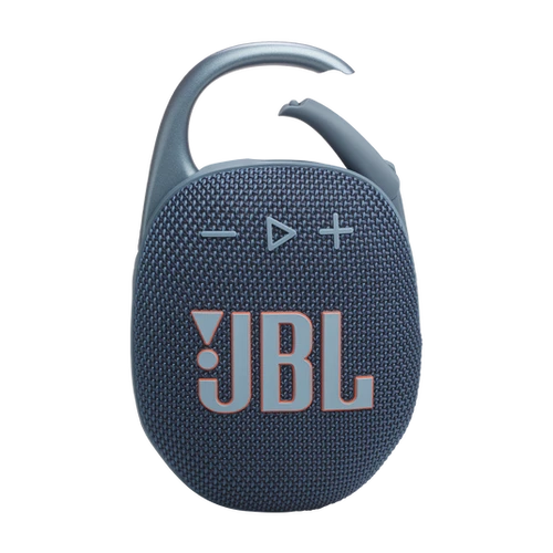 תקריב של רמקול JBL Clip 5 המציג את בד העמיד וכפתורי השליטה - תקריב של רמקול JBL Clip 5 המציג את העיצוב והכפתורים.