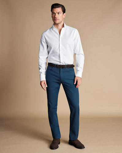 מכנסי כותנה כחולות - Petrol blue twill slim fit 5 pocket jeans