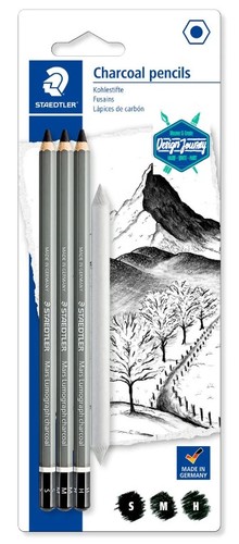 3 עפרות פחם שחורים +מטשטש פחם -  CHARCOAL PENCILS