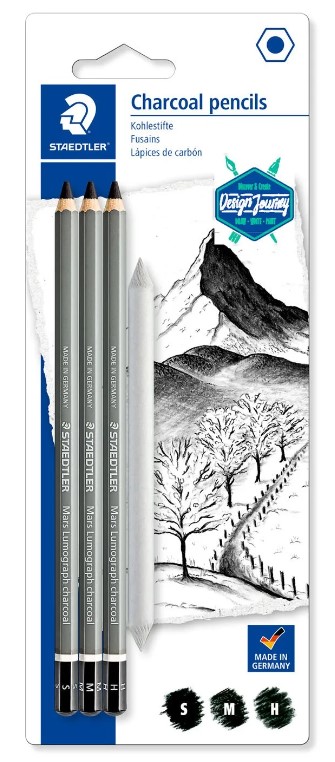 3 עפרות פחם שחורים +מטשטש פחם -  CHARCOAL PENCILS