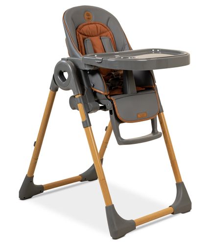 כסא אוכל מפואר לילדים Woody שלד דמוי עץ, בריפוד דמוי עור, מצבי שכיבה וגובה - אפור/דמוי עץ