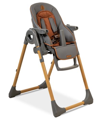 כסא אוכל מפואר לילדים Woody שלד דמוי עץ, בריפוד דמוי עור, מצבי שכיבה וגובה - אפור/דמוי עץ